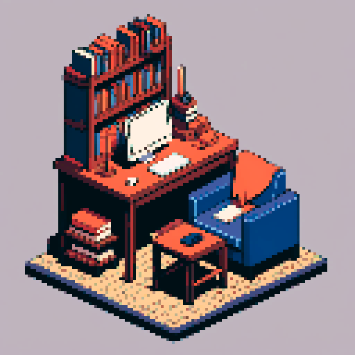 building, inside, block, wood, isometric, writing table, feather pen, ink, papers, books