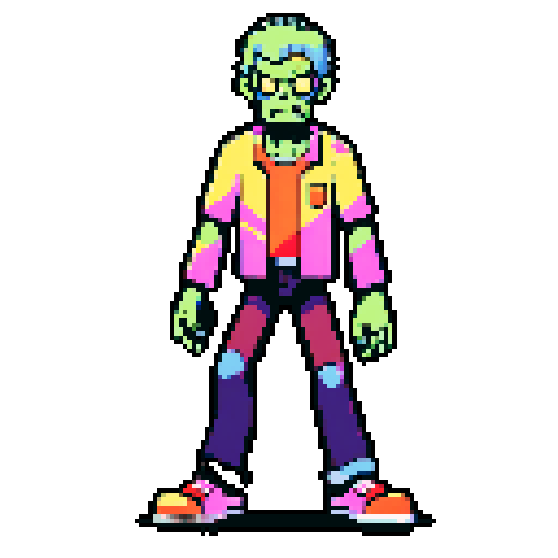 Zombie with limbs spread out, looking at camera, pixel art, sRGB