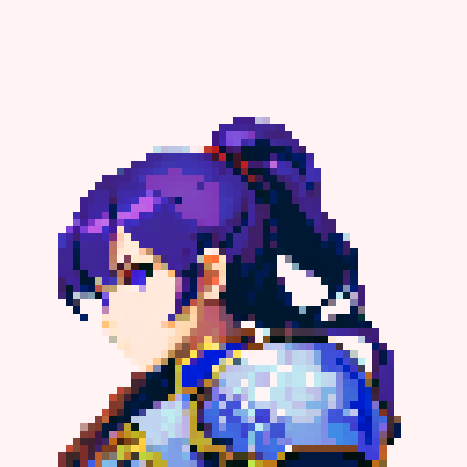 Fire emblem character, intricate armor details, 32x32 pixel art, sRGB, game icon, skill art, close up, portrait, teenage princess, blue ponytail, purple armor