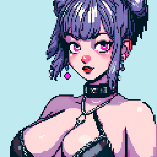 curvy, busty cute goth babe with studded collar, big titty goth wearing studded leather halter top. Large breasts. hair in buns. close up portrait, pixel art, sRGB