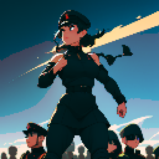 full-body image, muscle girl, female, thick biceps, big shoulders, big fists, muscular physique, thick waist, facing left, ready to fight, exaggerated proportions, black military uniform, black hat, military backdrop, sRGB, pixel art, army behind her, military behind her, army in background, army, soldiers, evil, dark, evil soldiers, black uniforms, destroyed town, battlefield