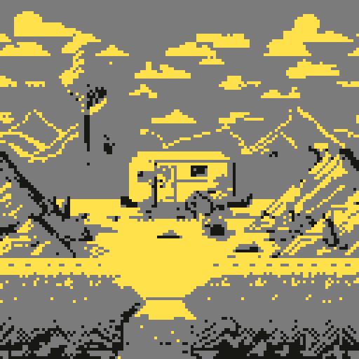 Pixel art post apocalyptic camp trailer landscape background in retro style for 8 bit game 