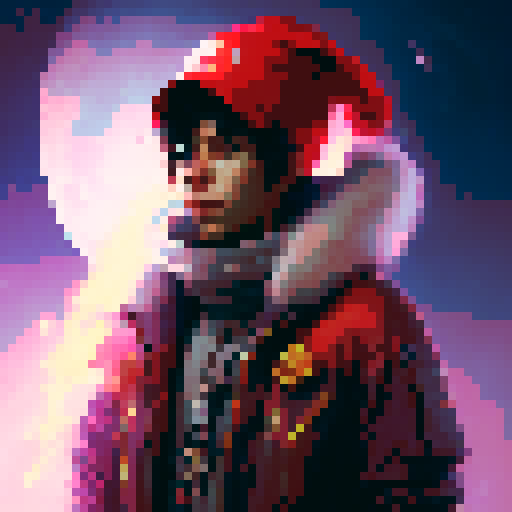 "Create a static image of a red mage character with red hat, red cloak, and white feather on a blue background reminiscent of an original NES status screen."