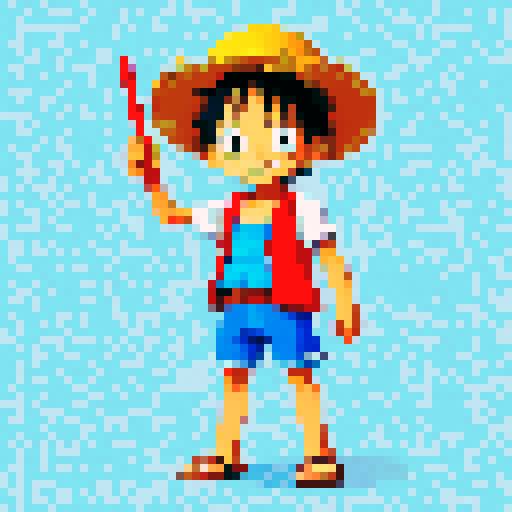 Luffy as a child, pirate hat, straw sandals, wide smile, blue vest, red shorts, pixel art, sRGB