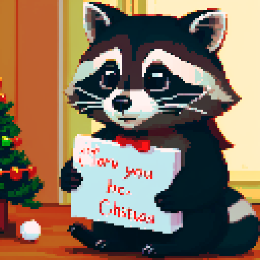 Raccoon holding a christmas letter that says "With love for Jess"