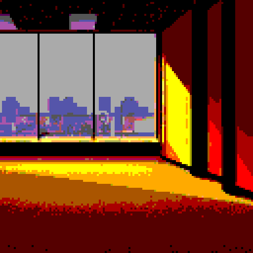 empty office space viewed from inside, large open windows letting in faint orange sunlight, dim flourescent light fixtures, long dark shadows, somber mood, wide angle lens