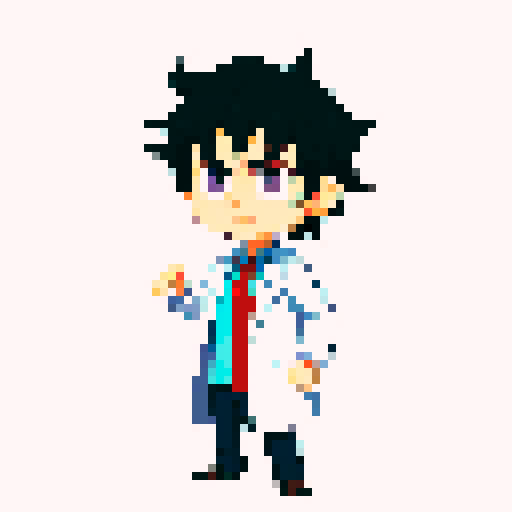 tired-looking, young mad scientist in a lab coat, with unkempt black hair, bags under his eyes, and a neutral tired expression, depicted in a chibi-style pixel art with simplistic features and no shading or eye textures, against a neutral background in sRGB colors
