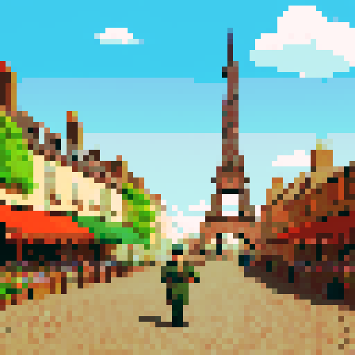 World War 2 British soldier, TinTin style, vibrant colors, bold outlines, pixel art, sRGB, cobbled street, red-brick buildings, French countryside, rolling hills, clear blue sky, distant Eiffel Tower, bustling market square, Union Jack flag, military uniform, gas mask, helmet, rifle, Winston Churchill poster, vintage airplane, lively crowd, quaint cafe, flower shop, cobblestone alleyway, vintage car, war-torn ruins, British propaganda poster