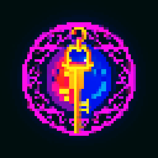 magical key, glowing with vibrant colors, surrounded by mystical symbols, rendered in intricate pixel art, against a background of dark sRGB hues
