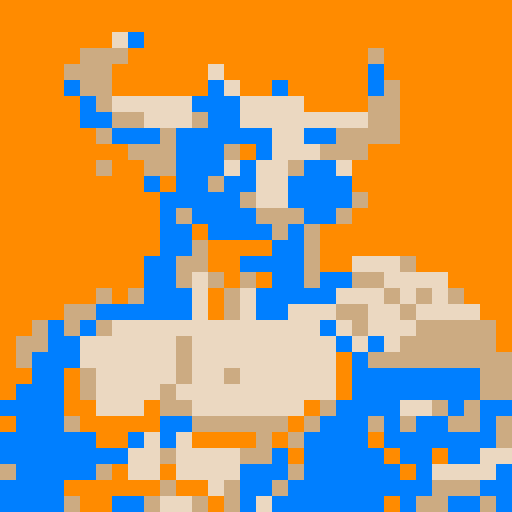 A pixel art portrait of a bull with a neutral expression, featuring a minimalist design with light skin tone, solid colors, Set against a solid orange background. The style is reminiscent of early video game characters, with a square aspect ratio.