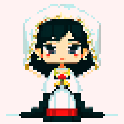 bride with fair skin, black hair, and tall stature, groom with ethnic features, under white cloth chuppah, at Jewish wedding, against black background, pixel art style, emphasizing sRGB