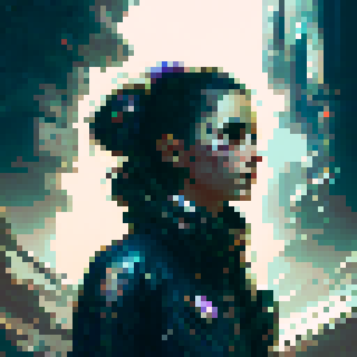 1girl with long silver brown hair in a ponytail wearing a futuristic brown kimono and cyberpunk clothes, surrounded by neon lights and a cityscape at night, looking at 2 metallic fish - one with propeller tail fin, wings, and antenna, and the other with a glowing eye, both smiling