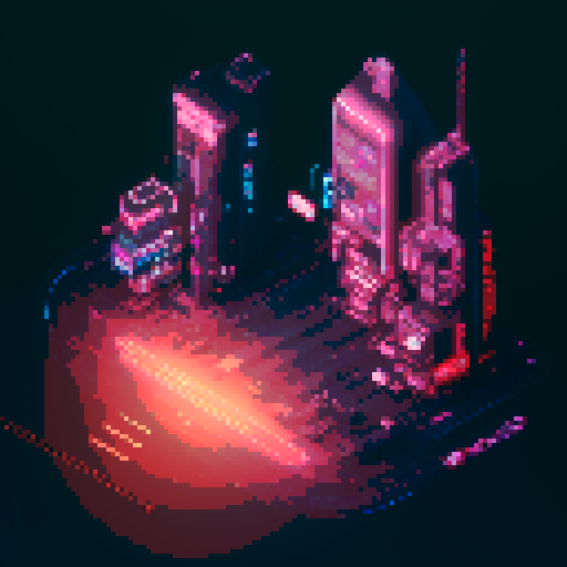 isometric 3D perspective, anime girl hovering in street, Japanese cyberpunk, neon lights, futuristic cityscape, dark colors, pixel art
