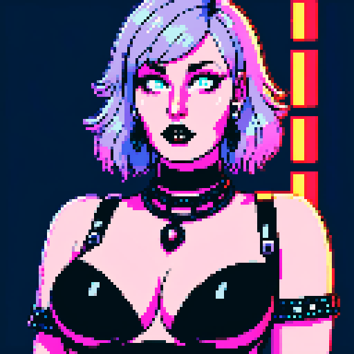 curvy, busty goth babe with studded collar. Nude big titty goth, in a close up nude glamour shot. Neon lighting, modern tile backsplash.