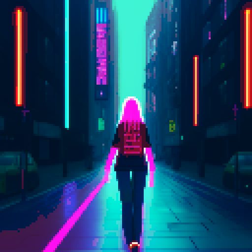 hacker girl, lonely rainy day, glowing neon codes, flickering screens, vibrant pixelated cityscape, futuristic attire, headphones, city lights reflecting on wet pavement