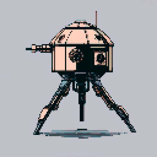 I want a tall vertical copper structure reminiscent of an autoturret. The design should be relatively simple. I want the base of the turret and its gun to not touch pixels within the image. It should have strange mechanical details that could interlock with each other. I also want this object usable as an asset in a videogame, meaning only one object per image, outlined with a strong black stroke, on a solid-color background.