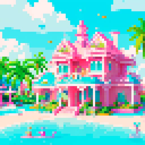whimsical, colorful mansion, vibrant gardens, sparkling sea, towering palm trees, intricate details, playful dolphins, fantastical mermaids, pixelated art style, vivid colors, sRGB color space