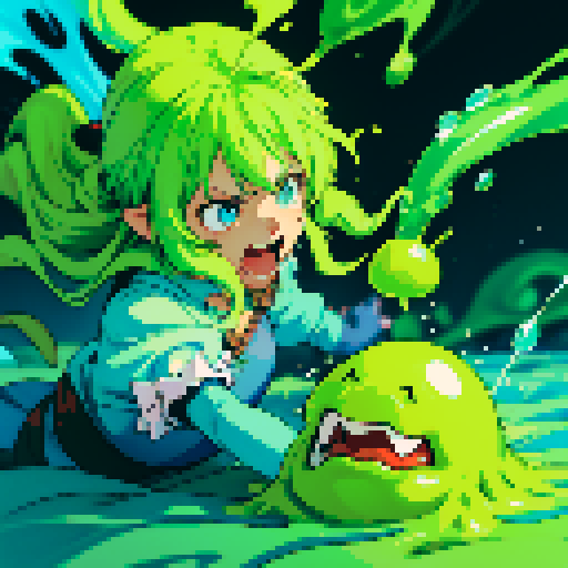 slime surging up around someone, slime engulfing a hero, slime consuming a hero, hero getting engulfed by slime, slime attack, dynamic, slime slamming into someone, impact, splashing slime