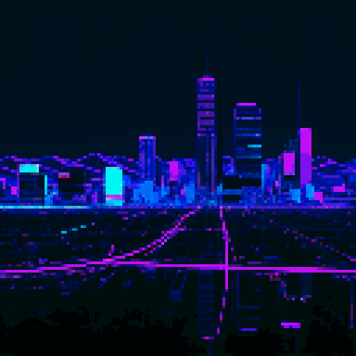 Denver city, urban sprawl, towering skyscrapers, neon lights reflecting off wet pavement, bustling streets filled with hover cars, graffiti-covered walls, futuristic hip hop dancers with glowing LED sneakers, glitchy holographic billboards, pixelated skyline against a purple and blue sRGB mountain backdrop
