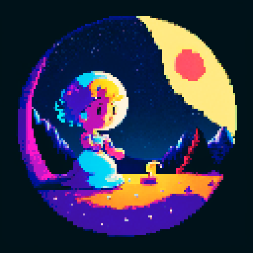 Moonlit night, shimmering crescent, glowing celestial orb, stars dancing, mystical glow, ethereal landscape, enchanting moonbeams, dreamlike atmosphere, pixelated magic, vibrant colors, retro-inspired art, sRGB palette, pixelated details, nostalgic vibes