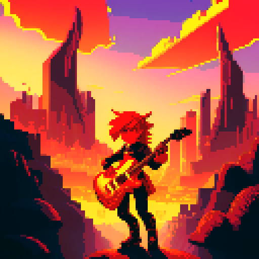 rock guitarist, dragon rider, fiery sky, futuristic city, guitar sword, pixel art, sRGB