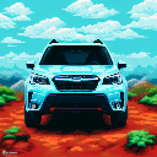 Photorealistic whole Subaru Forester centered, three-quarter view, right front wheel, clean background, sRGB colors, pixel art style
