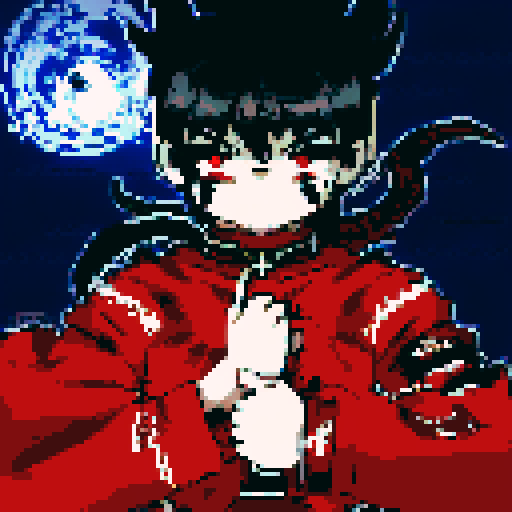 Male half-demon warrior, short black hair, captivating fusion of dark and fiery elements, red eyes reflecting fierce determination and vulnerability, attire blending traditional and modern influences from human and demon, character portrait, anime style, pixel art, close-up