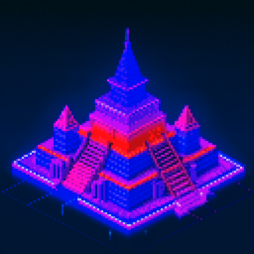 technological Aztec Style Pyramid with towering spires, shimmering in neon hues, surrounded by frozen waters reflecting the pixel art skyline