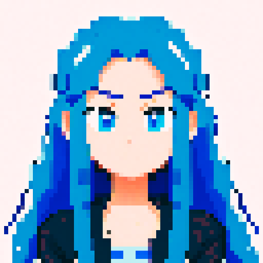 Design a pixel art anime avatar, showcasing the iconic anime style with large expressive eyes, elaborately styled hair, and vibrant colors. The character should be in a classic anime pose, exuding personality and emotion typical of anime characters, like excitement, determination, or serenity. Focus on creating a highly pixelated aesthetic, reminiscent of 16-bit video game graphics, where each pixel is clearly visible and contributes to the overall form and expression of the avatar. The color pa