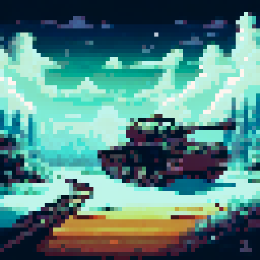 Rusty, metal tracks crunch through the snow as an abandoned tank looms over a desolate, icy wasteland in a pixelated, sRGB landscape