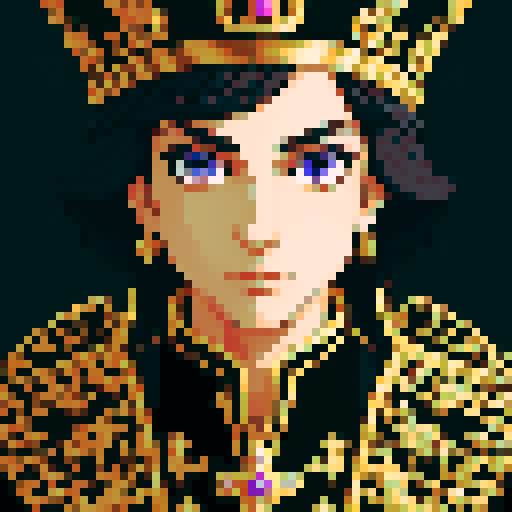 prince, regal, metall crown, black crown, majestic, sharp features, accents, royal robe, intricate embroidery, game icon, 32x32 pixel art, sRGB, skill art, close up, portrait
