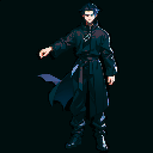male character, black clothing, standard pose, full body, dark blue hair