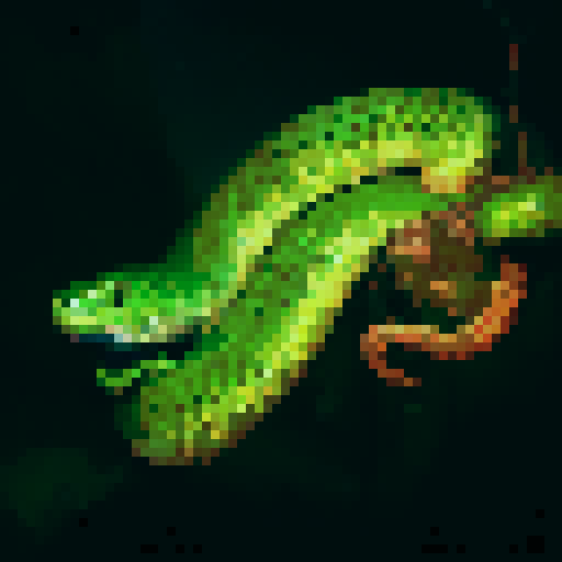 Green pit viper snake, night time, dark background