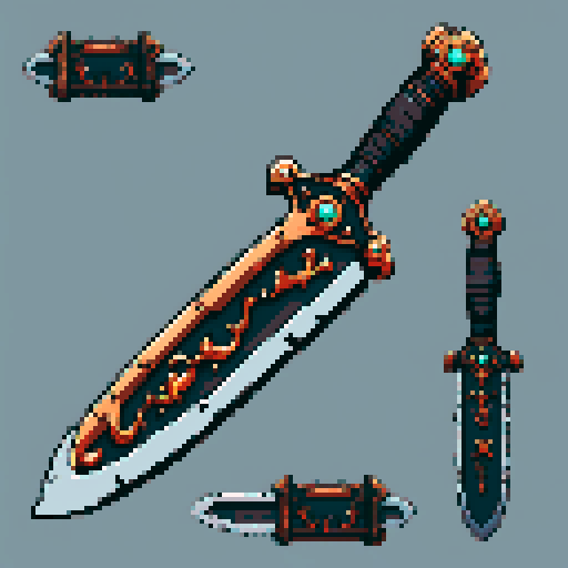I want the blade of an ancient magical chainsaw constructed out of copper and gems. It should look huge (10 meters long at least), very complex and expensive, and very old. I also want this object usable an asset in a videogame, meaning only one object per image, outlined with a strong black stroke, on a solid-color background.