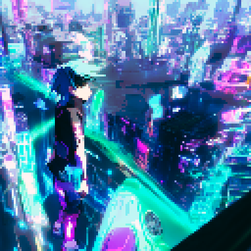 "An INTJ genius hacker with neon green hair, wearing a leather cyberpunk outfit, types furiously on a holographic keyboard in a futuristic city, surrounded by glowing lines of code in anime style."