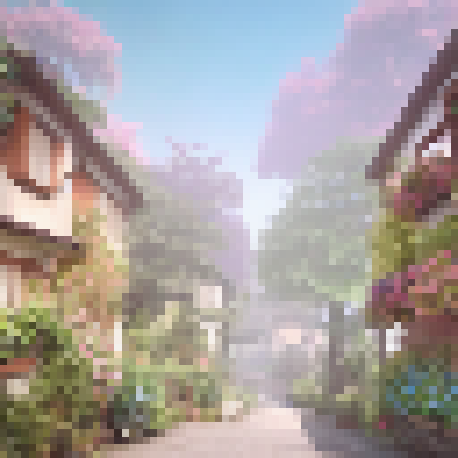 Misty, pastel village with quaint houses and winding streets, nestled in the lush greenery of the countryside, as if straight out of a charming simulation game.