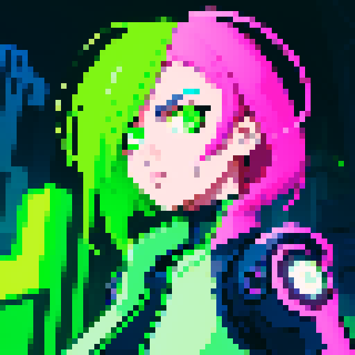 futuristic cyberpunk girl, green neon-sword, ready for attack, vibrant colors, glowing outlines, pixelated details, sRGB color space