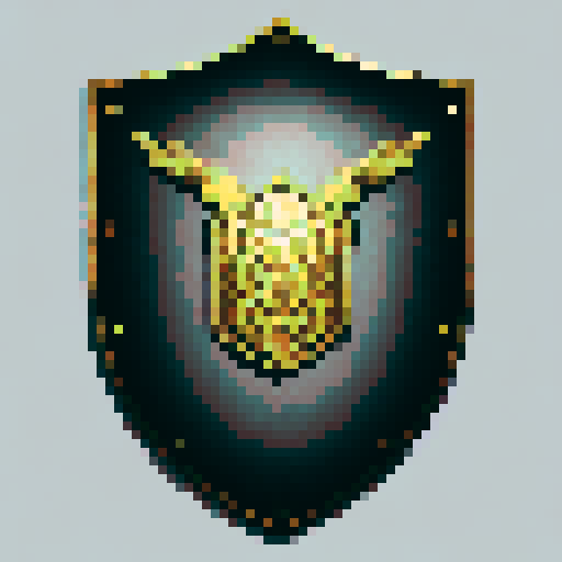 fantasy pixel art shield, two engrailed top, elaborate metallic gold edge, solid wooden field, solid black background, sRGB style