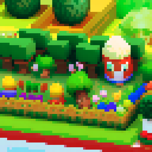 Create a vibrant, pixelated map of a farm-to-table kitchen for the first level of Dr. Ketchup's video game, featuring a lively garden full of fresh vegetables and a bustling kitchen area equipped with classic cooking tools, all rendered in a colorful and stylized pixel art style. Create a pixel art map for the first level of the Dr. Ketchup video game. This level will be the introduction to the world of Dr. Ketchup, setting the tone for the rest of the game. The map should be a stylized version 