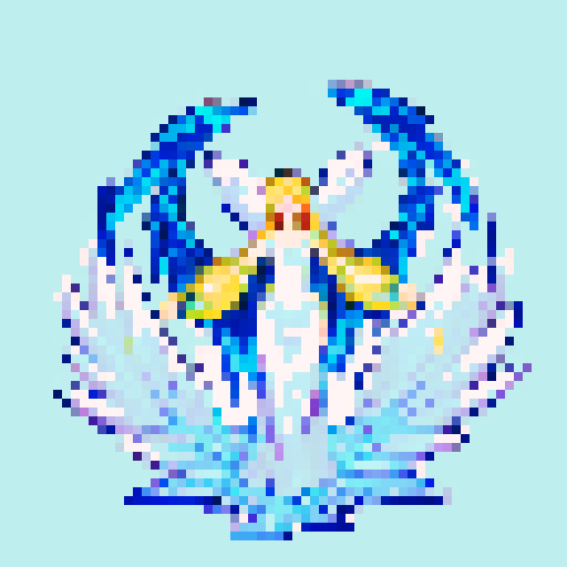 
Beautiful, ethereal angel with shimmering wings and flowing, liquid-like chrome body, rendered in minimalist pixel art with vibrant, dazzling sRGB colors