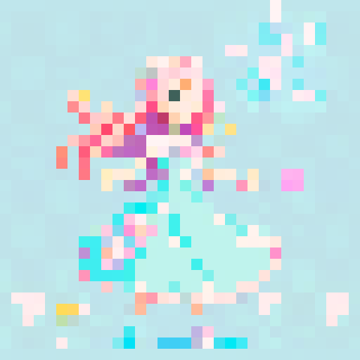 Anime girl with vibrant pink hair, wearing a flowing blue dress adorned with white flowers, waving joyfully with a gentle smile on her face in a pixel art style using the sRGB color space