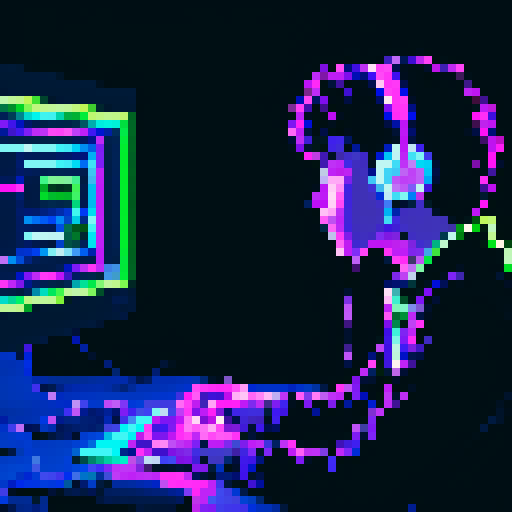 Brunette curly boy developer with headphones, coding on screen, vibrant sRGB pixel art, surrounded by glowing neon lights