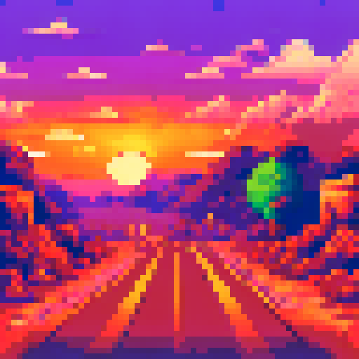 Orange sunset with a purple sky in a desert with a truck driving on a road