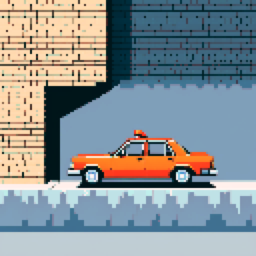 orange sedan hitting a white brick wall