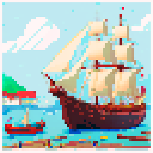 workers, bustling, loading, sailing ship, busy harbour, 16th century, pixel art, rainy day, sRGB
