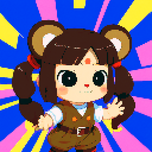 This image features a stylized bear inspired by retro 1995 anime, in a chibi art style. The bear has expressive black eyes and a brown skin. The hair is styled in long twin pigtails, the bear has magical clothes with belts and various patches. This bear has a mascot pose. The background depicts a detailed wild magic night with shining stars and a dark waterfall. This is a typical example of how popular anime characters