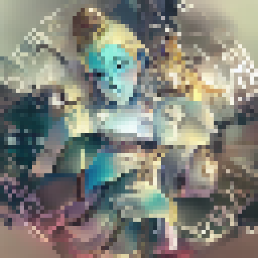 Massive, golden deity towering over an ethereal, misty landscape, adorned with intricate symbols and surrounded by celestial beings.