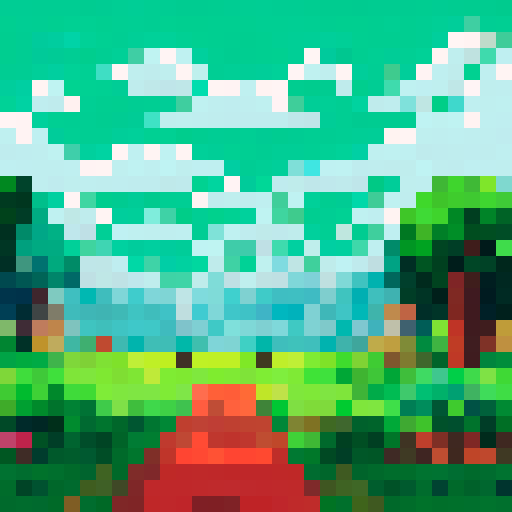 side view, green grass, sky occupies 2/3 of the picture, pixel art, sRGB, clouds in the sky, computer game from 1980, landscape background