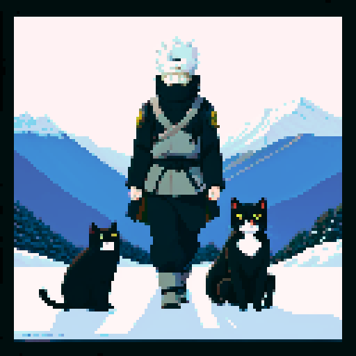 Hatake Kakashi with a black cat with yellow eyes on his shoulders in between towering, snowy mountains