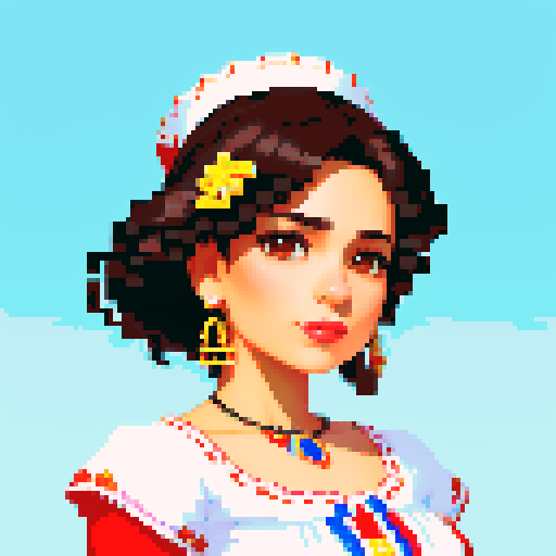 Create a realistic portrait for a young Puerto Rican woman with dark hair with a flow de maga on it and wearing a traditional Puerto Rican dress
